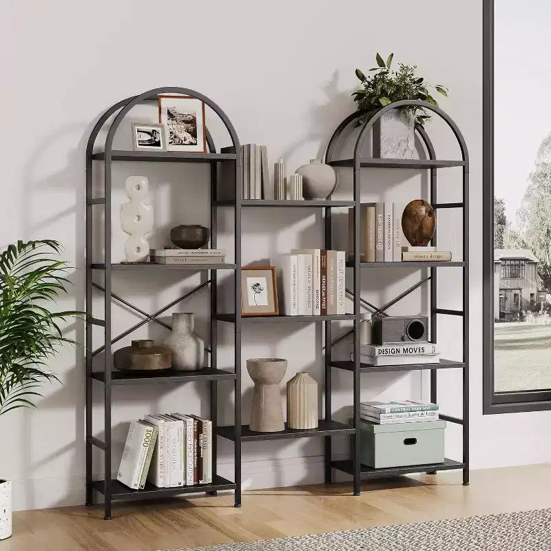 Libreria ad arco a 4 livelli, 11 ripiani aperti, struttura in metallo e ripiani in legno, scaffale alto e largo per soggiorno, camera da letto, ufficio