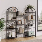 Libreria ad arco a 4 livelli, 11 ripiani aperti, struttura in metallo e ripiani in legno, scaffale alto e largo per soggiorno, camera da letto, ufficio
