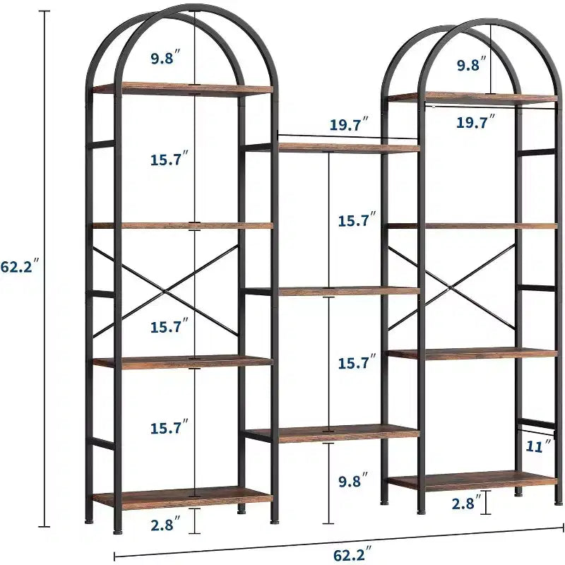 Libreria ad arco a 4 livelli, 11 ripiani aperti, struttura in metallo e ripiani in legno, scaffale alto e largo per soggiorno, camera da letto, ufficio
