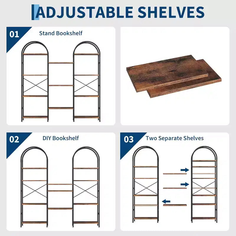 Libreria ad arco a 4 livelli, 11 ripiani aperti, struttura in metallo e ripiani in legno, scaffale alto e largo per soggiorno, camera da letto, ufficio