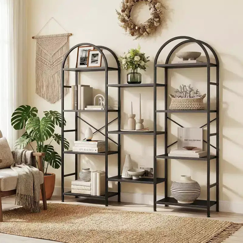 4 Tier Arched Bookshelf, 11 Open Display Shelves, Metal Frame & Wood Shelves, Wide Tall Standing Storage Rack for Living Room, Bedroom, Home Office