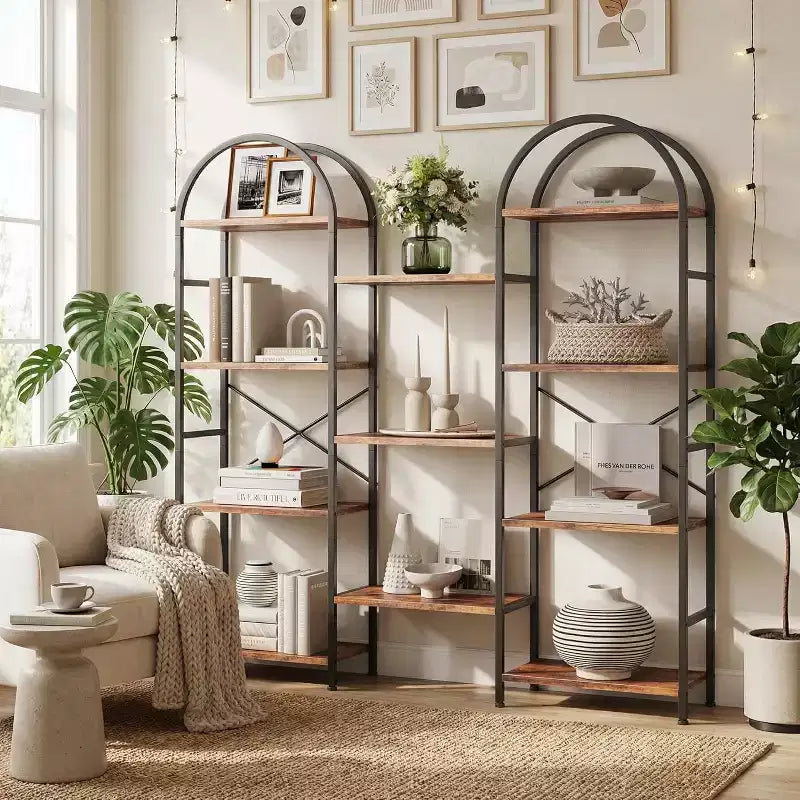 Libreria ad arco a 4 livelli, 11 ripiani aperti, struttura in metallo e ripiani in legno, scaffale alto e largo per soggiorno, camera da letto, ufficio