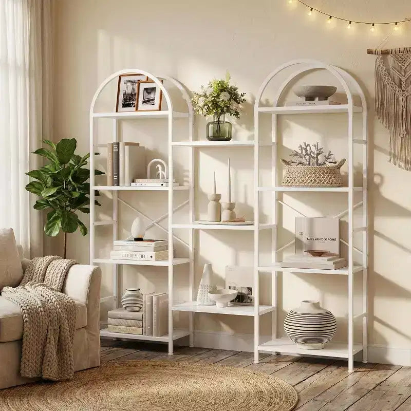 Libreria ad arco a 4 livelli, 11 ripiani aperti, struttura in metallo e ripiani in legno, scaffale alto e largo per soggiorno, camera da letto, ufficio