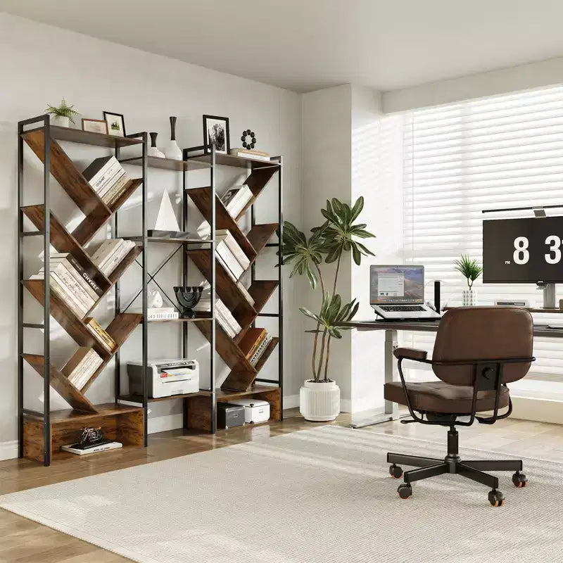 Libreria a 6 ripiani tripla, grande libreria industriale con 24 ripiani aperti, struttura in metallo e ripiani in legno per soggiorno e casa