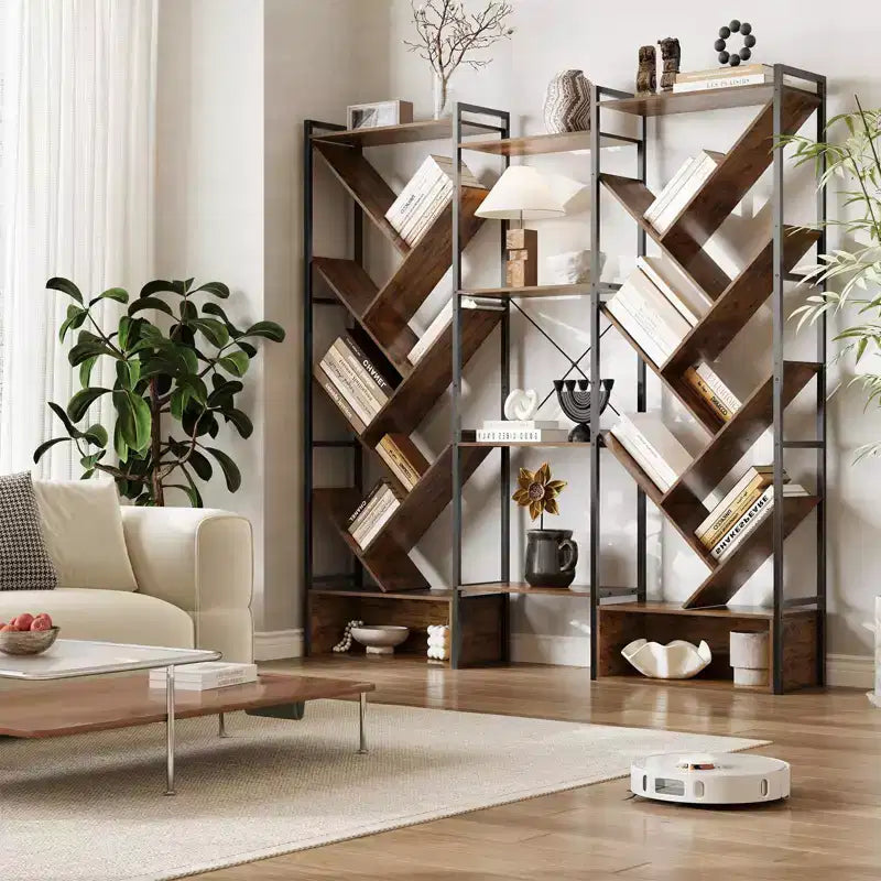 Libreria a 6 ripiani tripla, grande libreria industriale con 24 ripiani aperti, struttura in metallo e ripiani in legno per soggiorno e casa