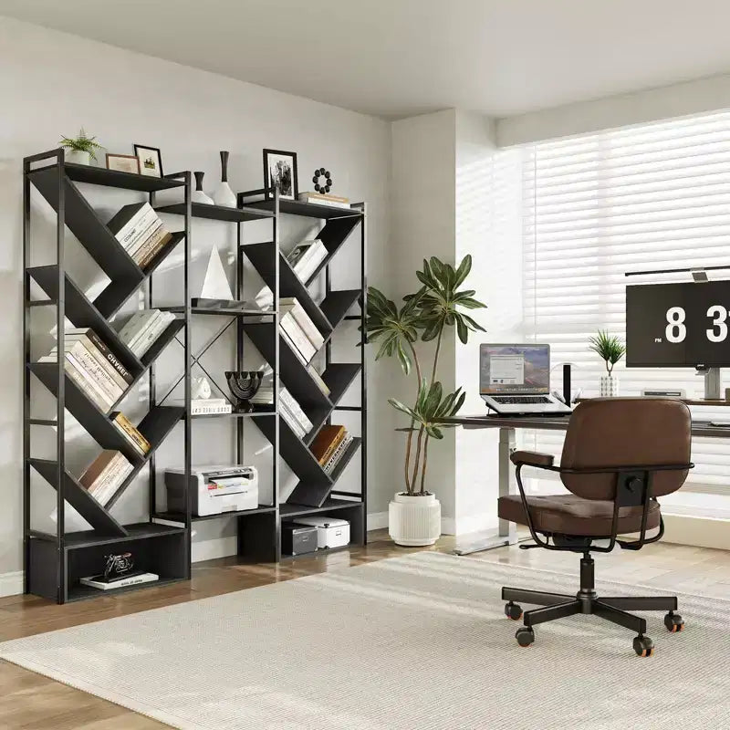 Libreria a 6 ripiani tripla, grande libreria industriale con 24 ripiani aperti, struttura in metallo e ripiani in legno per soggiorno e casa