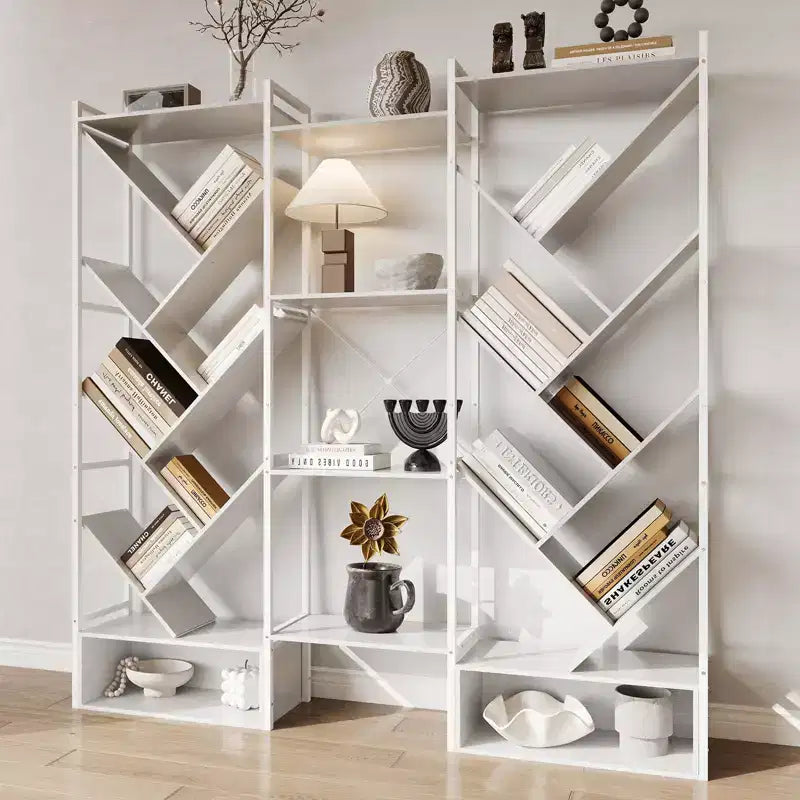 Libreria a 6 ripiani tripla, grande libreria industriale con 24 ripiani aperti, struttura in metallo e ripiani in legno per soggiorno e casa